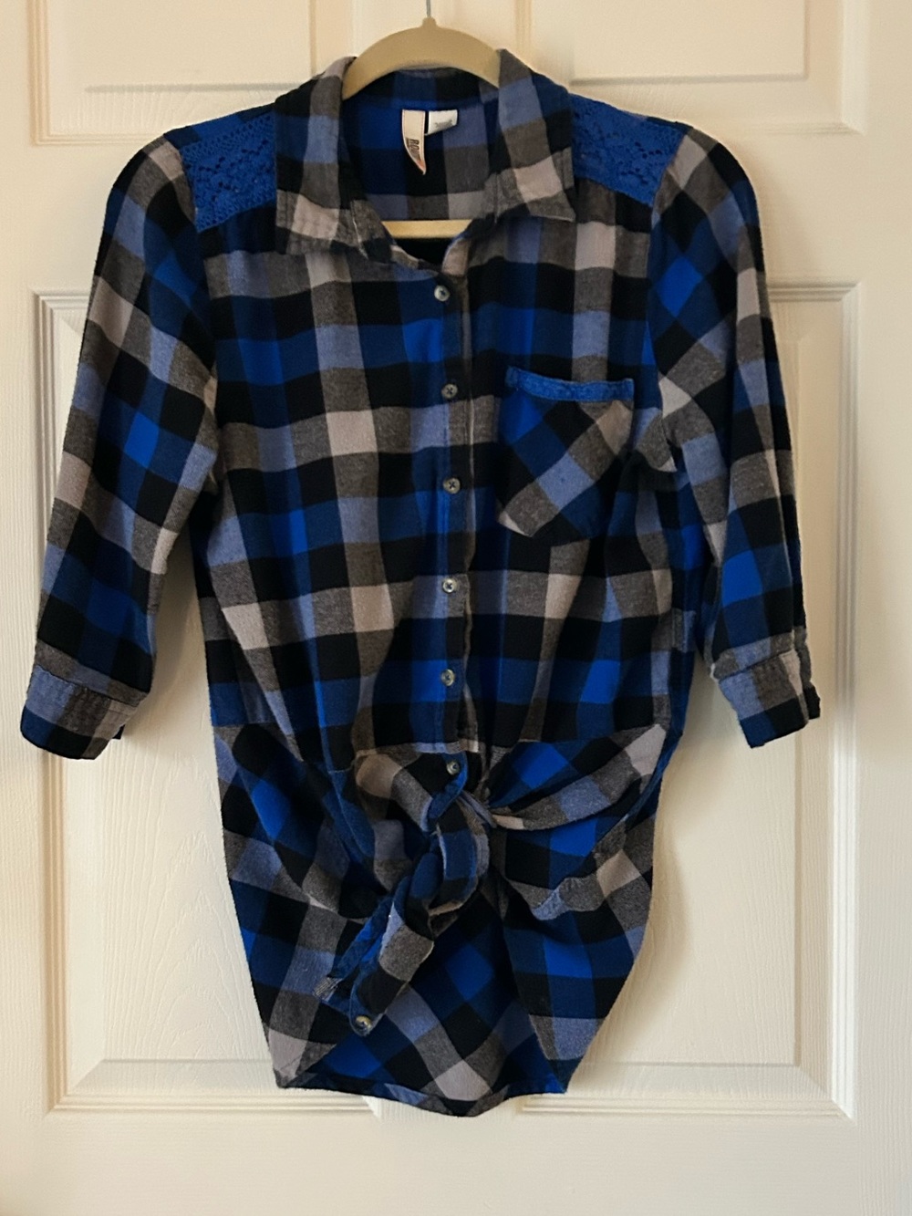 Route 66 Blue Black & Gray Plaid Lace Shoulder Button-Up Shirt – Size L